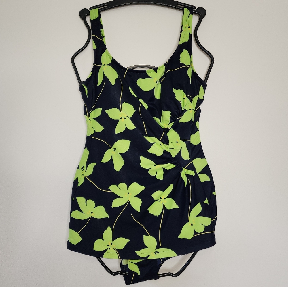 Floral plus size navy lime 1 piece swimsuit 16